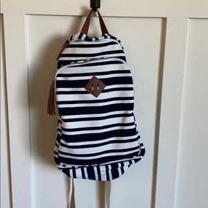 Navy blue and white striped backpack